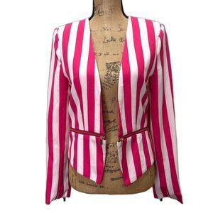 Love Tree Hot Pink White Striped Open Front Blazer Zip Detail Jacket Size Medium